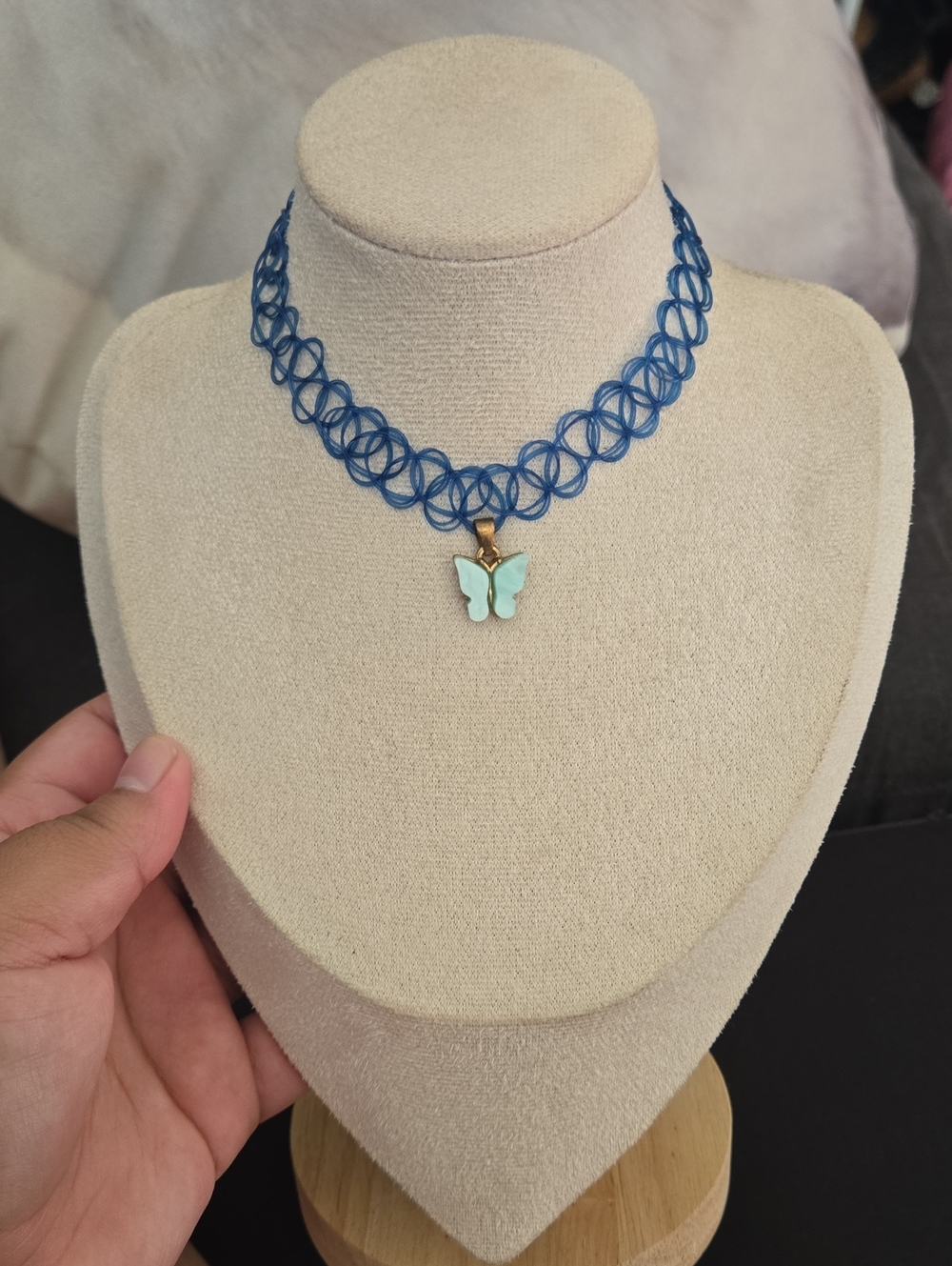 Blue Tattoo Choker Necklace with Mint Butterfly Charm